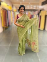 Light Olive Green Tissue Georgette Saree with petite point emb SS50112