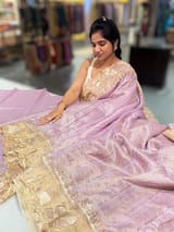 Lilac Mul Tissue Stripes Saree With Tissue Cutwork  Border & Blouse