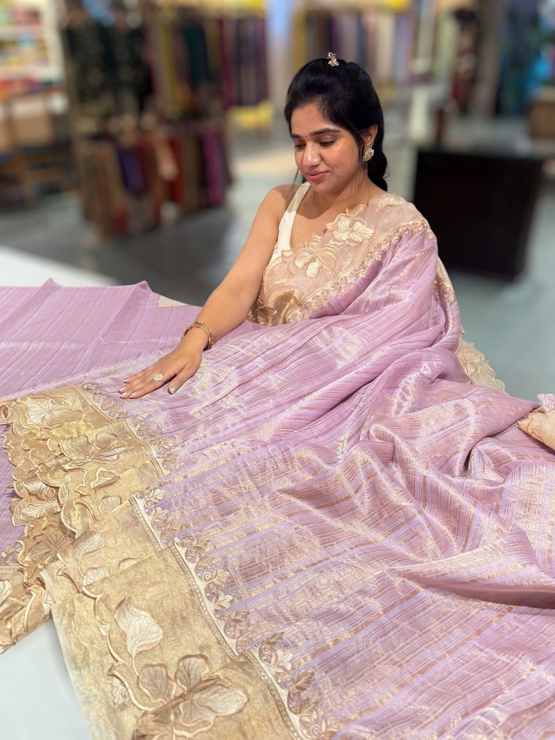 Lilac Mul Tissue Stripes Saree With Tissue Cutwork  Border & Blouse