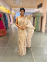 Silverish Tone Pure Organza Saree With Embroidered Motifs & Tussar Printed Blouse SS50300
