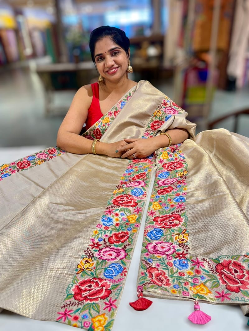 Beigish Taupe Green Kanchi Brocade Tissue Saree with Petite Point Embroidered Border SS50141