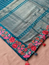 Peacock Blue Mysore Silk Saree with petitepoint embroidery S62111