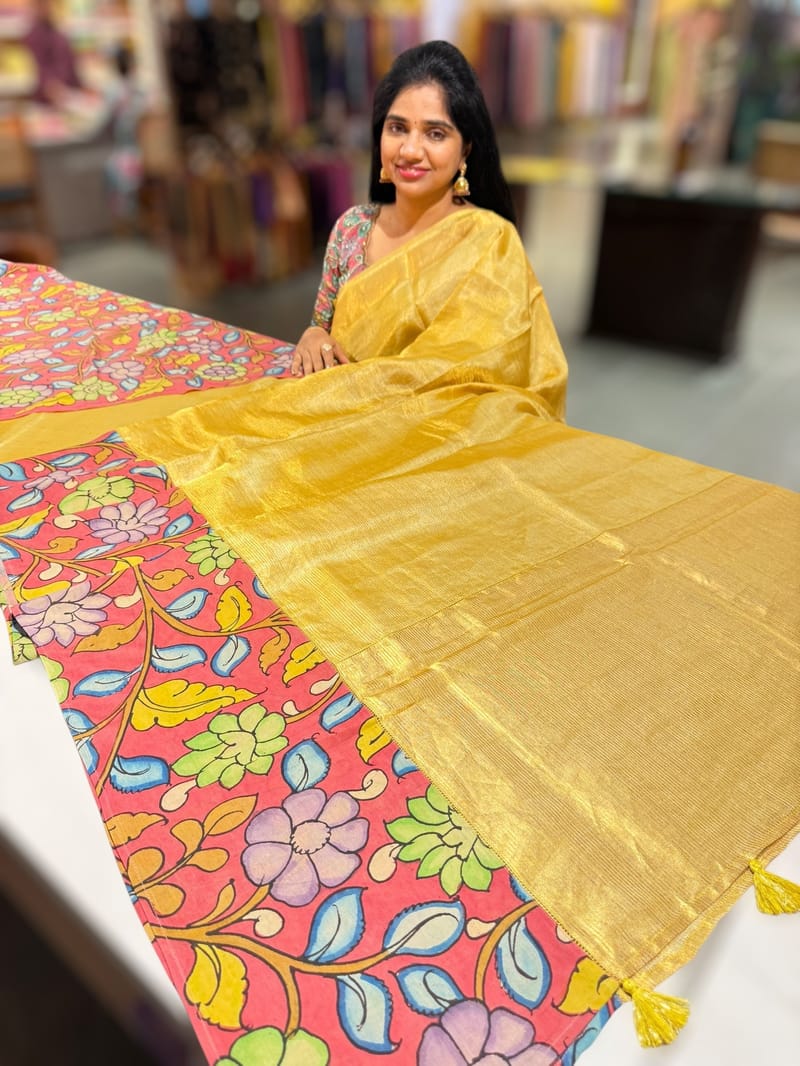 Light Gold Handloom Tissue & Pen kalamkari fusion Saree SS50406
