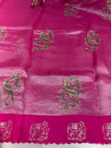 Rani pink Premium Handloom Designer Tissue saree with exquisite embroidery