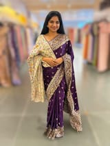 Brinjal Pure Mashru Satin Saree with embroidery