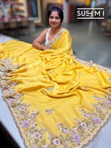 Yellow Pure Satin Georgette Saree