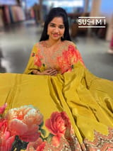 Mustard Yellow Designer Crepe Silk Saree : D62F032