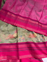 Sage Green Tissue Gorgette Fusion Saree with vidarbha Borders