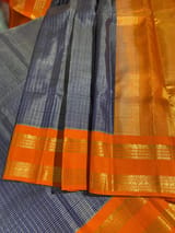 Blue & Orange Combo Vintage Checks Gap Border Kanjeevaram Saree SS50167