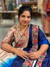 Chickoo & electric Blue Pure Satin Ombre Dyed Saree with Petite Point Embroidered Border and blouse.