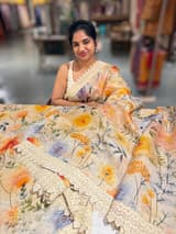 Beige Organza 3D floral Printed Saree hemlined with crotia lace SS50305