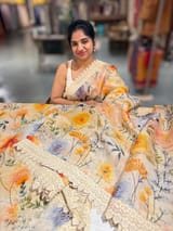 Beige Organza 3D floral Printed Saree hemlined with crotia lace SS50305