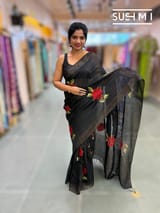 Black Muslin Saree with Pocket Sequins & Hibiscus Embroidery