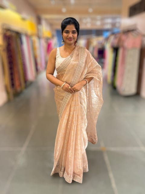 Pale Pink Pure Handloom Tissue Checks Saree with Statement Borders