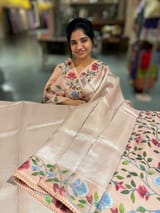 Peach pink kora tissue saree with pythani inspired embroidery