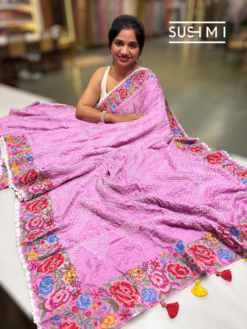 Lilac Pink Pure Gajji Silk Rai bandhej Saree with petite point embroidery