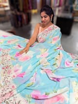 Pastel Blue  Printed georgette Saree With Tissue Embroidered Border SS5054