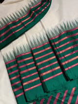 Half white Ponduru Khadi Saree in 80’s Count with Kanchi Style Emerald Green borders
