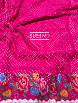 Fuschia Pink Pure Gajji Silk Rai bandhej Saree with petite point embroidery