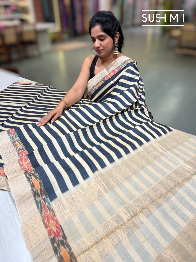 Tussar stripes printed saree