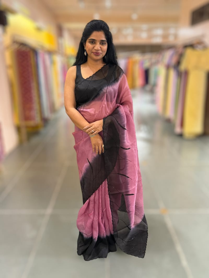 Rose Pink & Black Ombre Dyed Pure Organza handwork saree SS50286