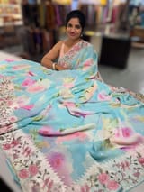 Pastel Blue  Printed georgette Saree With Tissue Embroidered Border SS5054
