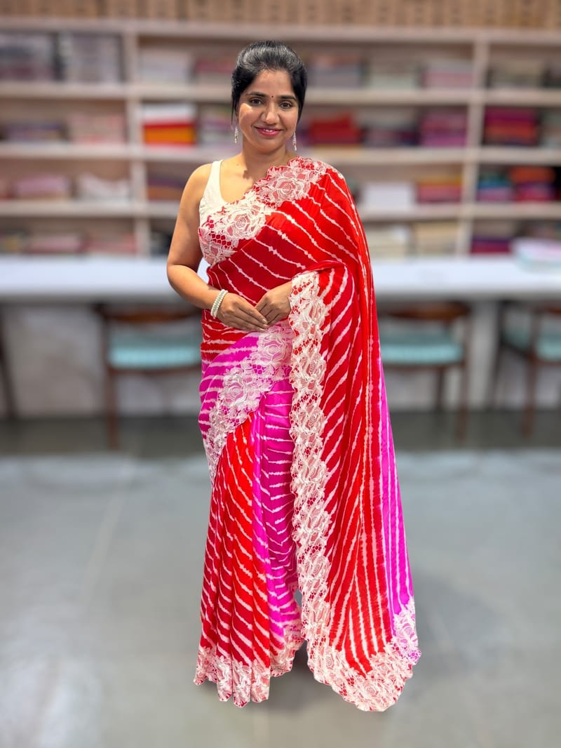 Orange and Pink Ombre dyed habutai satin Silk lehariya Saree S62F063