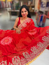 Orangish Red Designer Rai Bandhej Saree With Embroidered Border SS50483