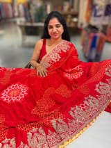 Orangish Red Designer Rai Bandhej Saree With Embroidered Border SS50483