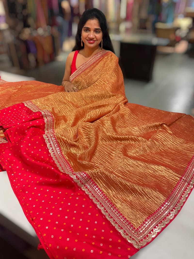 Red Crush Tissue Saree with Bandhini & Sabhya borders SS50398