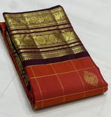 Rust Orange & winish Brown Combo Vintage Checks Kanjeevaram Saree