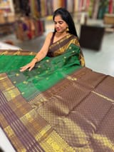 Emerald Green & Coffee Brown Combo Vaira Oosi Checks Kanjeevaram Saree
