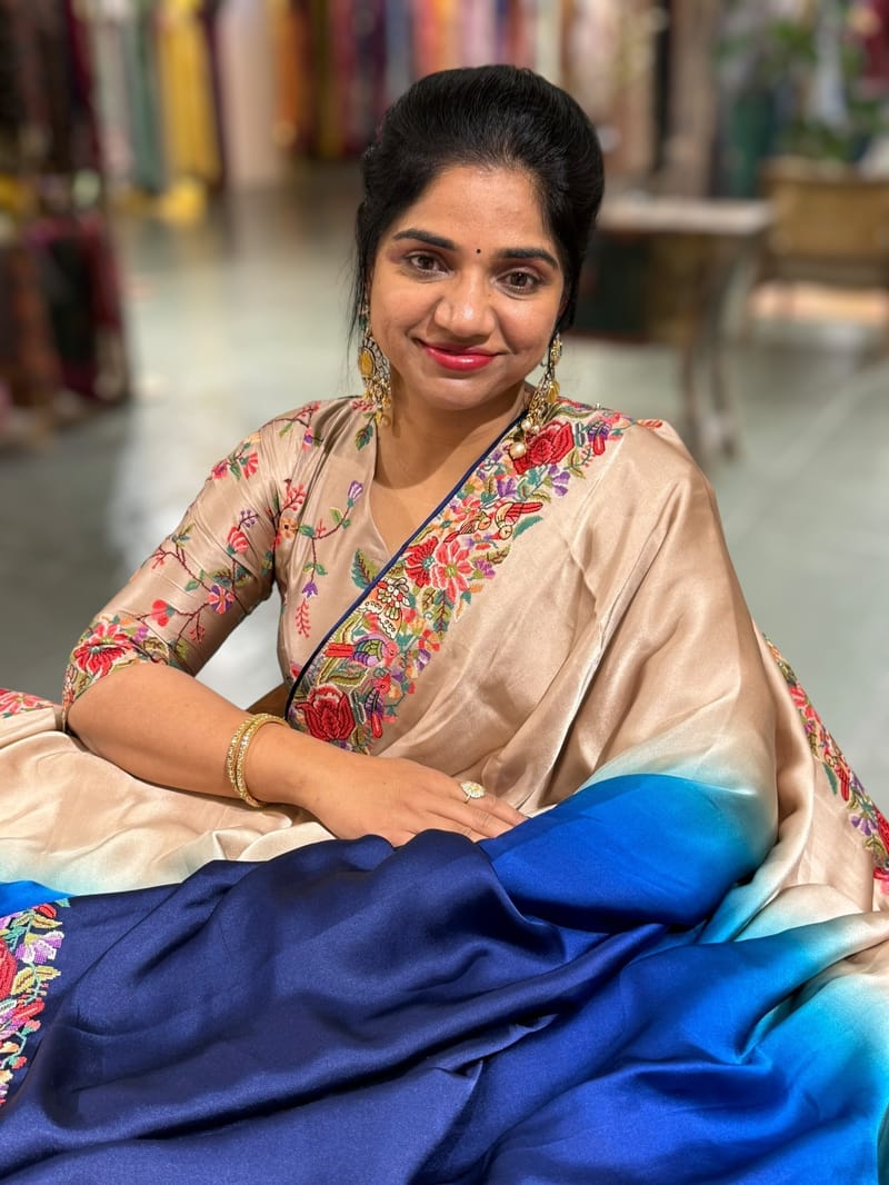 Chickoo & electric Blue Pure Satin Ombre Dyed Saree with Petite Point Embroidered Border and blouse.