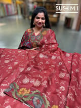 Maroon Silk kota and pen kalamkari fusion saree with pita emb