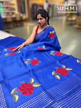 Royal Blue Muslin Saree with Pocket Sequins & Hibiscus Embroidery