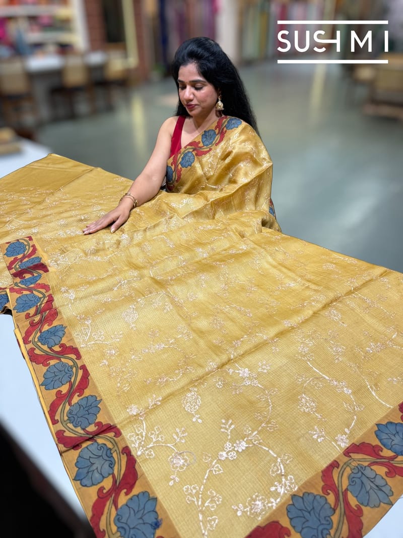 Champagne Gold Silk kota and pen kalamkari fusion saree with pita emb