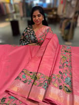 Peach Pink chanderi silk cotton saree with kalamkari applique border SS50530