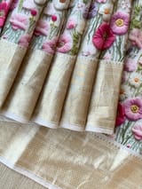 Ivory Pure Handloom Chiniya Silk Saree with stunning Floral Print and zari borders SS5097