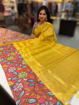 Lime Yellow gold Handloom Tissue & Pen kalamkari fusion Saree