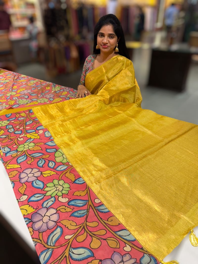 Lime Yellow gold Handloom Tissue & Pen kalamkari fusion Saree