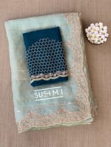 Mint Pure Organza Saree with heavy Handwork