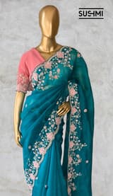 Peacock Green Pure Organza heavy handwork saree