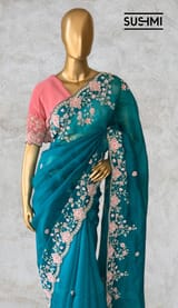 Peacock Green Pure Organza heavy handwork saree
