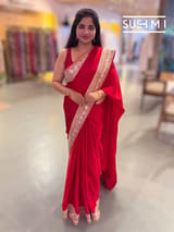 Red Satin Saree with sabyasachi borders : D62F054