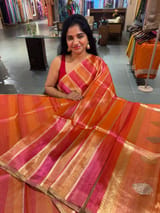 Orange and Pink Rangkaat  Banarasi handloom tissue stripe saree