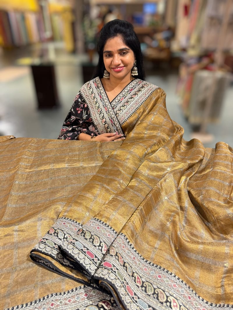 Antique Gold Tissue checks Saree with sabhyasachi borders
