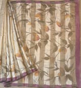 Mul silk tissue stripes handloom saree with handpainting