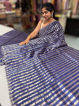 Purplish Blue Handloom Mul Tissue Stripes Saree with fusion blouse SS50408