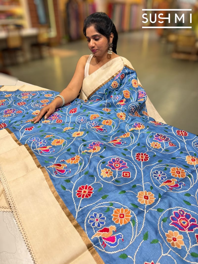 Cobalt Blue Pure tussar with patola inspired embroidery: S62F193