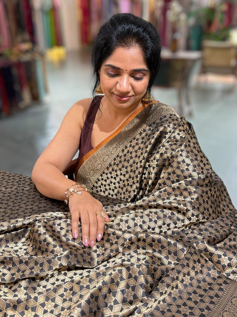 Black Banarasi Tanchoi Silk Saree